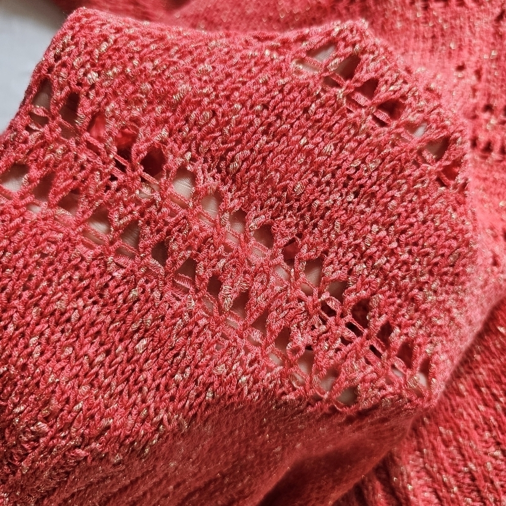 Elle knitted coral golden sparkles y2k elongated v-neck long-sleeve shirt Size M - Picture 4 of 7